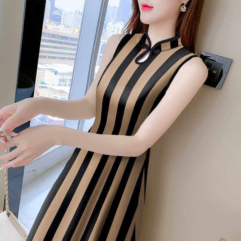 中老年连衣裙子女夏季新款妈妈中长裙旗袍领洋气条纹印花收腰长裙