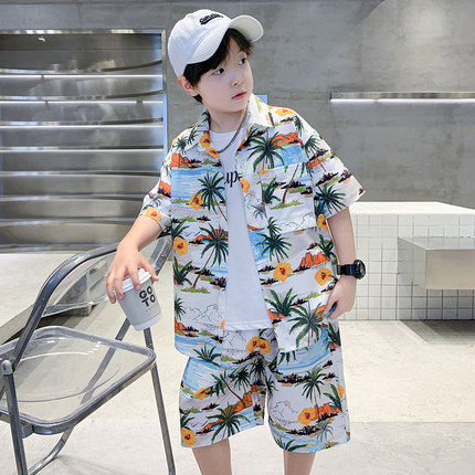男童夏装套装2025新款儿童夏季薄款中大童衬衫沙滩裤速干两件套潮