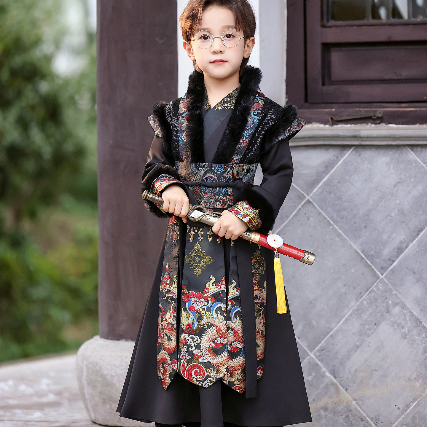 男童汉服冬款中国风古装龙纹刺绣毛领国学服公子帅气短剧演出服,童装/婴儿装/亲子装,汉服,淘宝优惠券,粉丝福利购,淘宝优惠卷