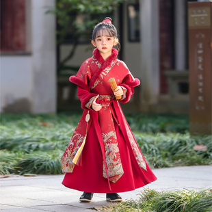 女童汉服2025新款花木兰表演服古装儿童红色加绒加厚冬装拜年服