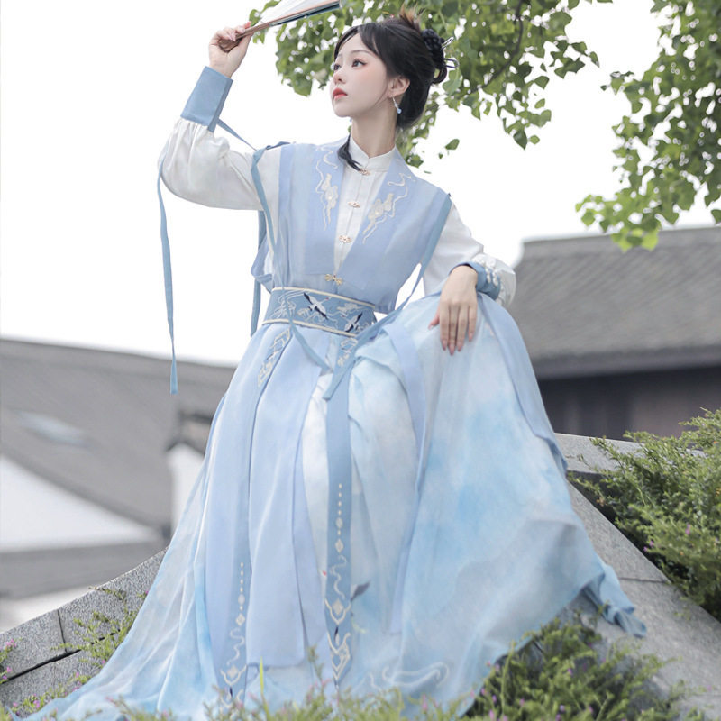 原创山涧汉服女中国风改良汉元素上衣比甲腰封襦裙套装小个日常绣