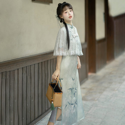 原创空山新雨汉服女中国风改良日常汉元素旗袍连衣裙套装披肩上衣