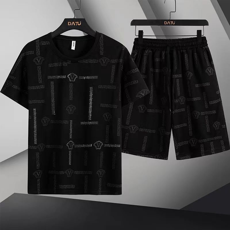 夏季运动服冰丝棉短袖五分裤套装韩版男士跑步速干迷彩青年两件套