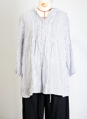 全棉双层纱JCC STUDIO日系V领条纹系带衬衫女宽松休闲百搭上衣