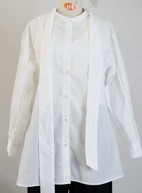 JCC STUDIO日系棉纶混光泽感小立领休闲领口系带衬衫上衣