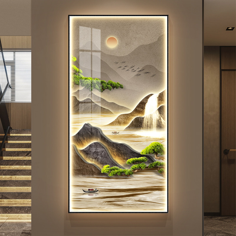 迎客松玄关装饰画新中式山水画入户走廊过道壁画LED灯画发光挂画