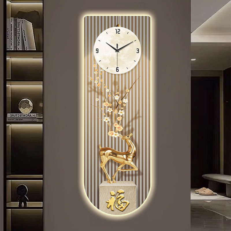 玄关装饰画 画带钟表新中式入户鹿客厅电视背景墙挂钟壁灯时钟表