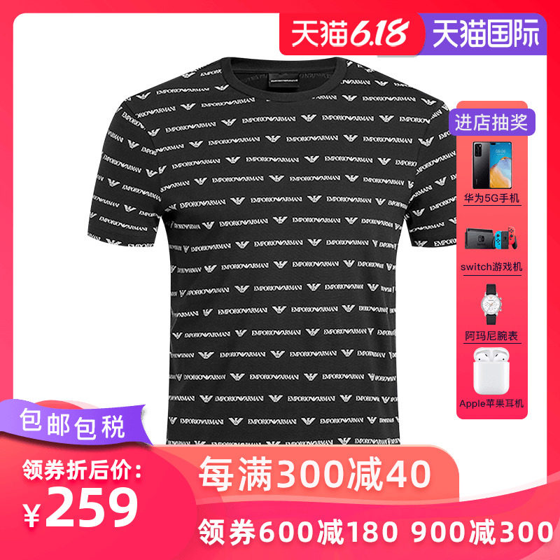 Armani/阿玛尼男装EA新2020春夏滿字母鹰标LOGO休闲商务棉短袖T恤