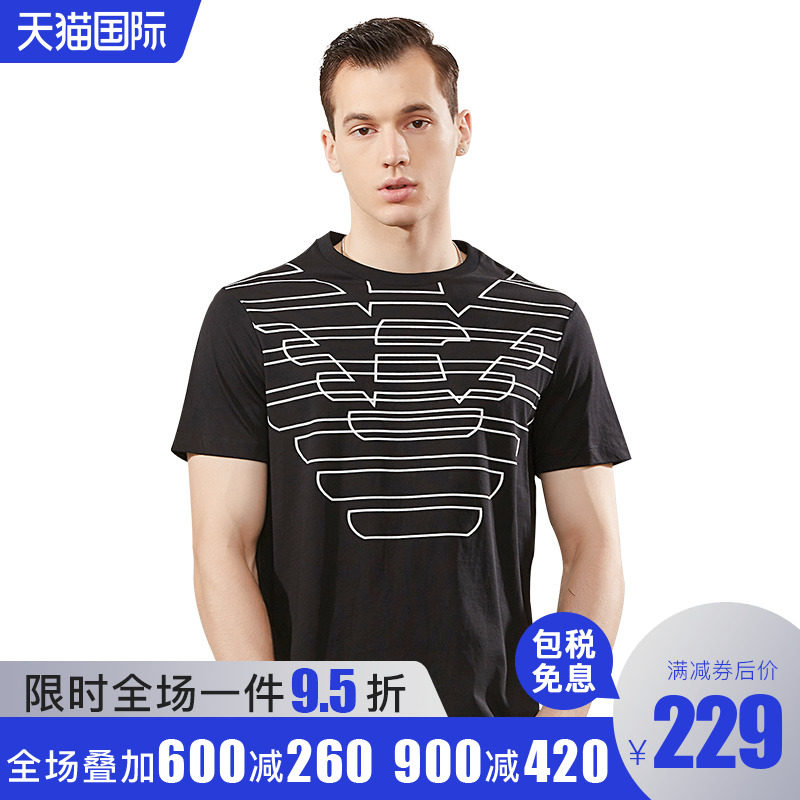 Armani/阿玛尼男装 EA2020新款男士线条大鹰圆领棉质休闲短袖T恤
