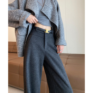 子 长裤 灰色羊毛呢阔腿裤 女秋冬加绒加厚高腰垂感醋酸糯米直筒西装