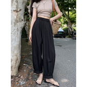哈伦九分裤 冰丝萝卜速干休闲工装 小个子 子女夏薄款 黑色棉麻阔腿裤