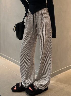 阔腿裤女春秋2024新款垂感宽松bf慵懒黑白斜条纹休闲直筒运动裤夏