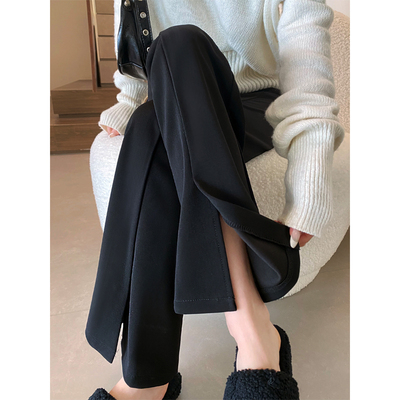 寻笙记微喇黑色高腰开叉休闲裤女