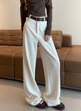 白色灯芯绒阔腿裤女2025秋冬季加绒加厚高腰垂感休闲直筒西装裤子