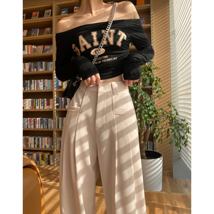女高腰春夏款 裤 显瘦直筒西装 宽松口袋休闲工装 拖地裤 米白色阔腿裤