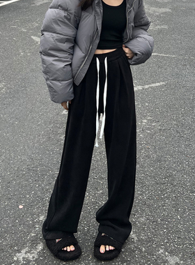 黑色阔腿裤女秋冬加绒加厚高腰宽松慵懒针织运动休闲直筒灯芯绒裤