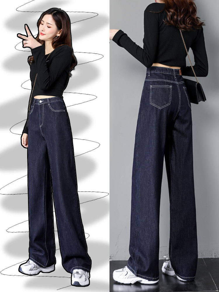 Dark blue fleece-lined wide-leg jeans, women's autumn and winter 2025 new loose high-waist petite straight pants