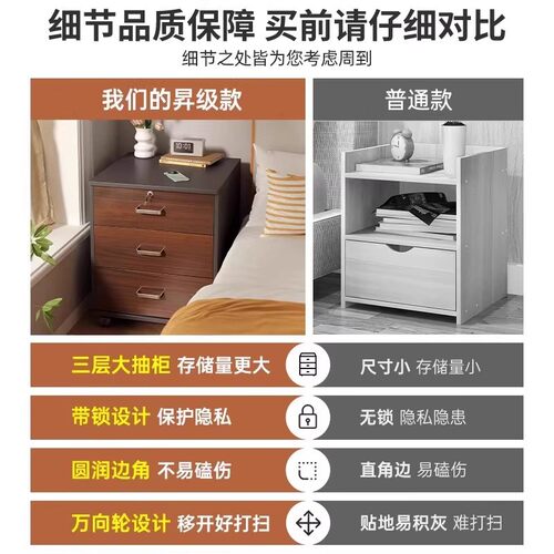 可移动床头柜带锁家用卧室简易床边收纳小柜子储物柜靠墙置物书柜