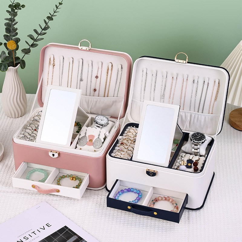 新款带镜子手提三层大首饰盒带抽屉桌面珠宝收纳盒高颜值珠宝盒