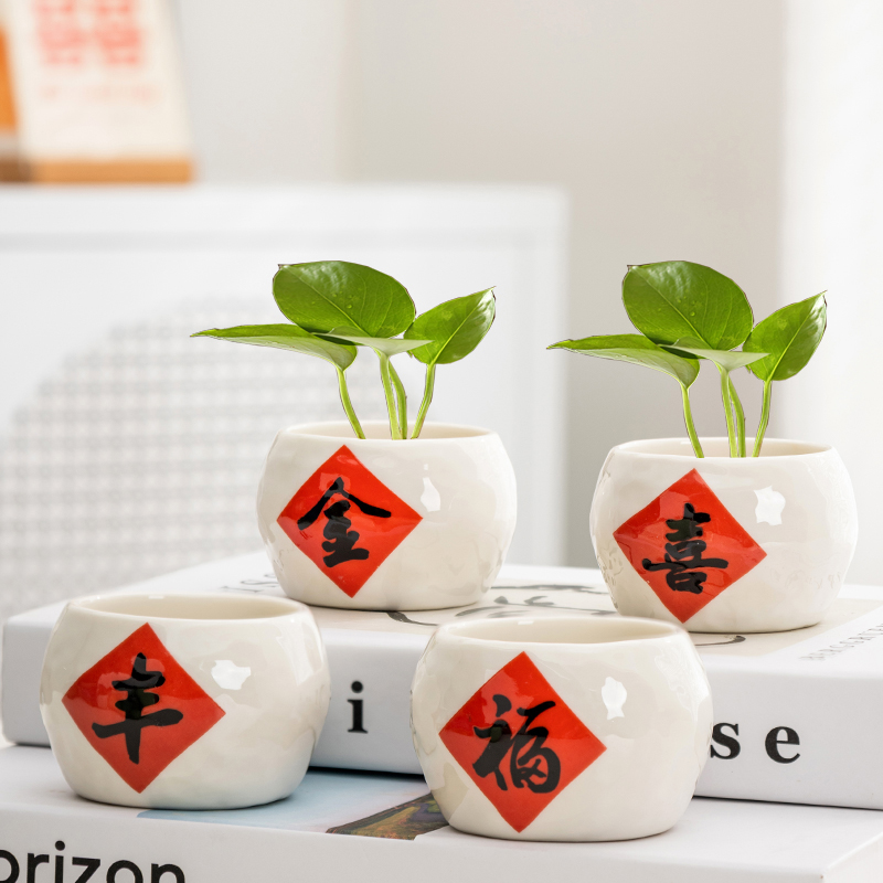 小号无孔水培铜钱草绿萝花盆陶瓷创意简约桌面釉面小花盆彩绘手绘