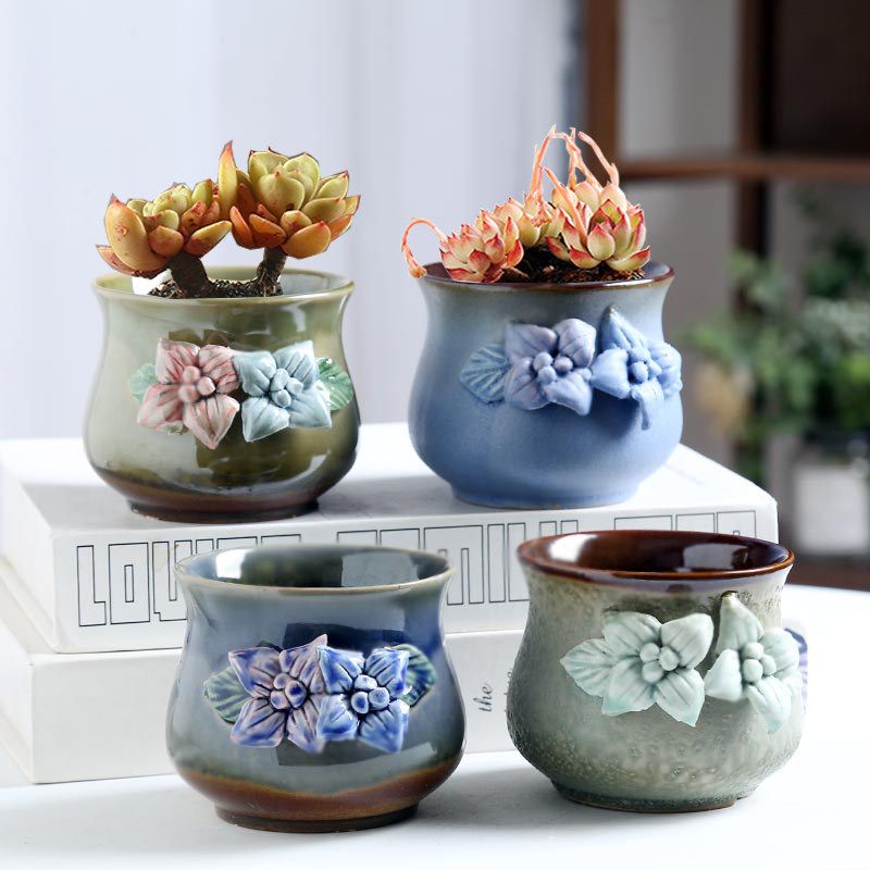 句号捏花彩绘多肉陶瓷花盆特价清仓简约创意圆口透气盆栽小花盆