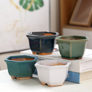 冰裂窑变六瓣六角宽口多肉陶瓷花盆特价清仓桌面装饰透气简约创意