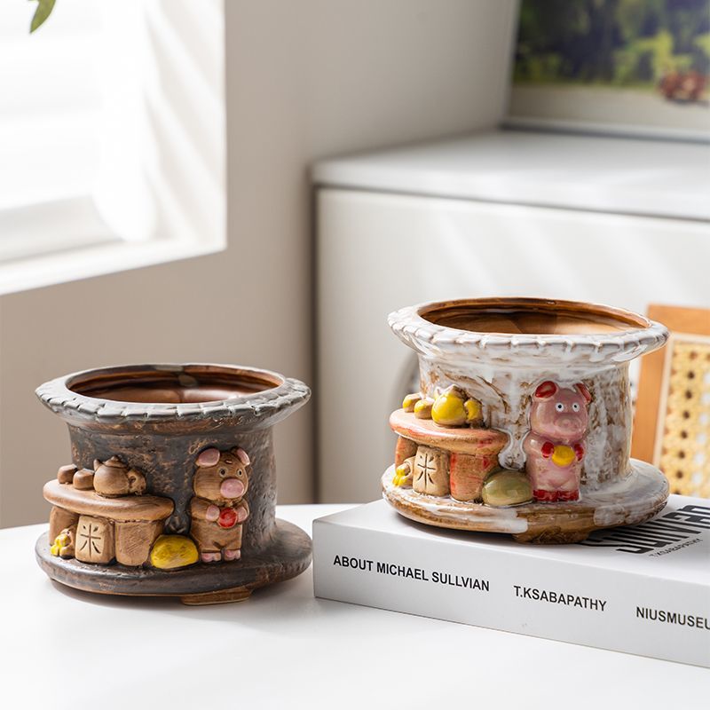 多肉花盆陶瓷家用桌面装饰阳台创意个性小猪房子造型复古透气简约