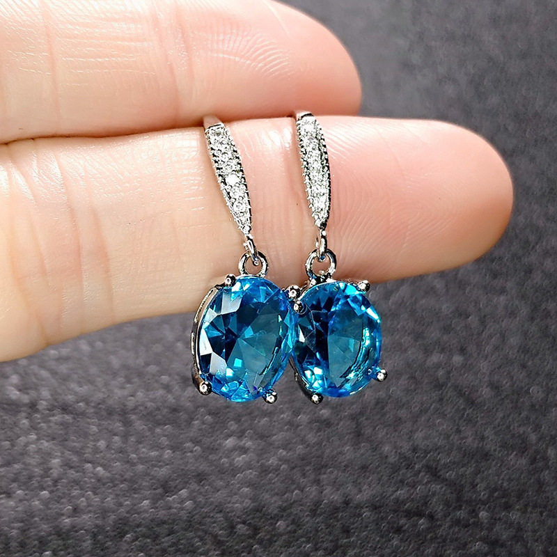 典雅天然海蓝水晶宝石耳钩气质蛋形蓝宝石耳坠镶锆石海蓝宝耳坠子