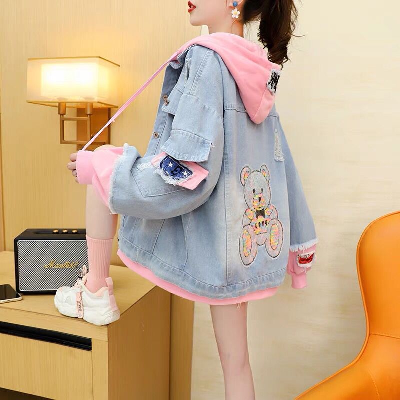 韩版宽松假两件连帽牛仔外套女小个子款春秋季洋气百搭设计感上衣