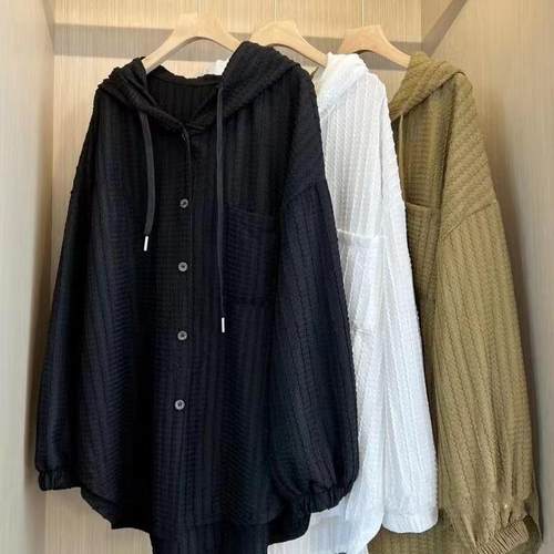 香秀坊大码连帽长袖法式白衬衫