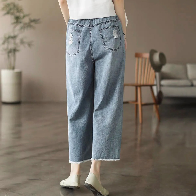 破洞刺绣毛边九分阔腿牛仔裤女春季新款民族风磨白宽松显瘦大码裤