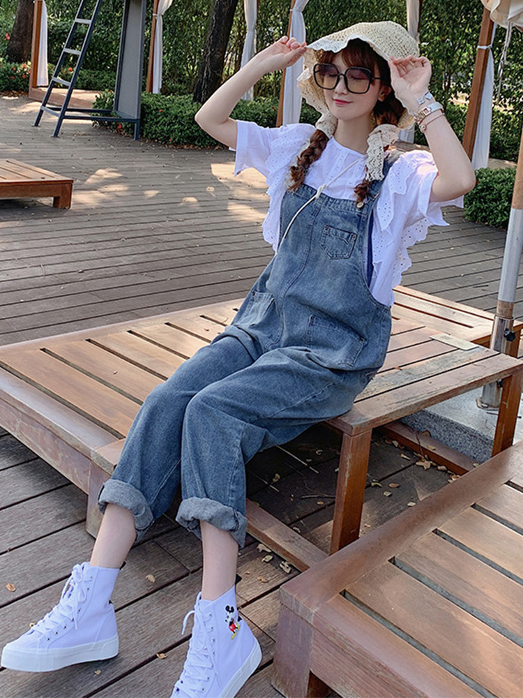 洋气大码套装衬衣配背带裤女2023年韩版宽松春秋网红直筒连体裤