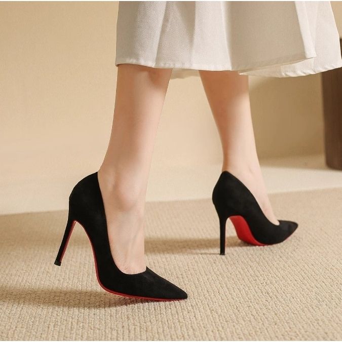 气质职业工作鞋女新款黑色红底绒面高跟鞋女细跟浅口尖头单鞋