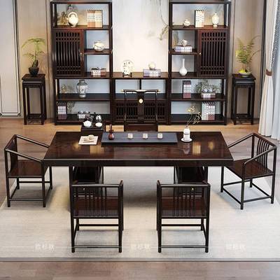 新款非洲黑檀木奥坎纯实木大板茶桌椅组合办公室新中式茶桌功夫茶
