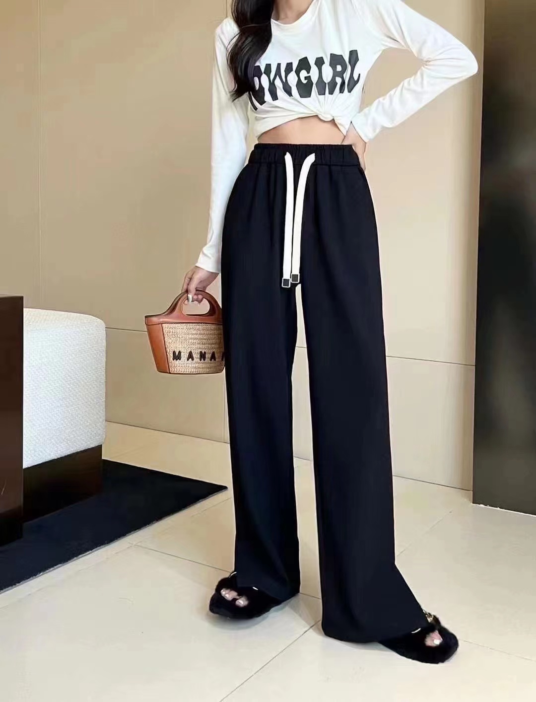 YYFI高腰阔腿裤女秋季2023新款宽松垂感直筒裤百搭显瘦运动休闲裤