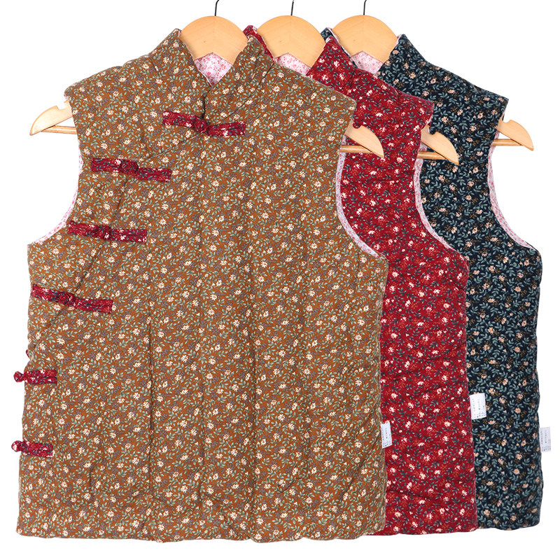 手工纯棉花秋冬季女士斜襟马甲成人大人居家外出加厚保暖坎肩背心