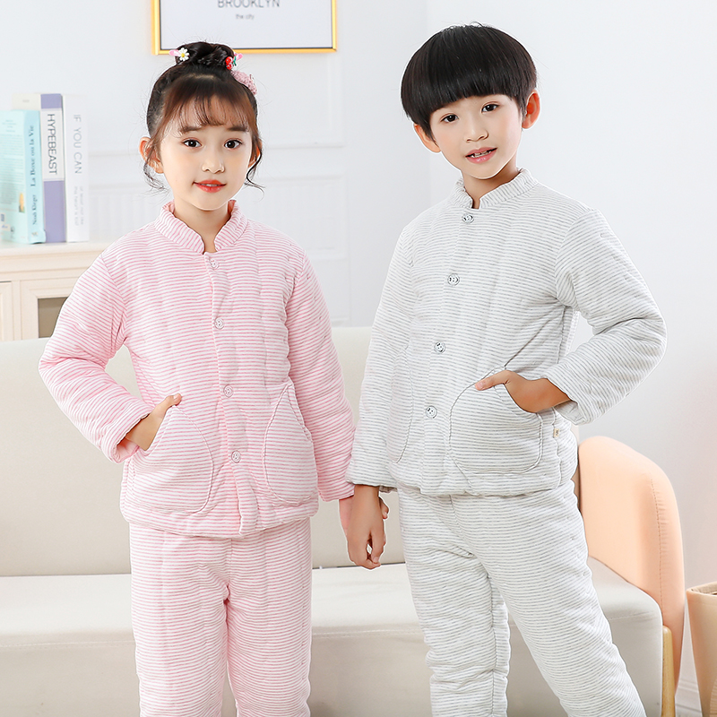 手工中大童条纹套装纯棉花棉袄棉裤男女宝宝加厚保暖秋冬季棉衣服