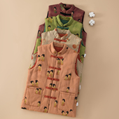 女士纯棉中式 百搭背心棉马夹 盘扣印花马甲成人加厚保暖棉坎肩冬季