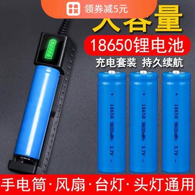 18650大容量锂电池3.7V强光手电筒小风扇可充电通用锂电池充电器