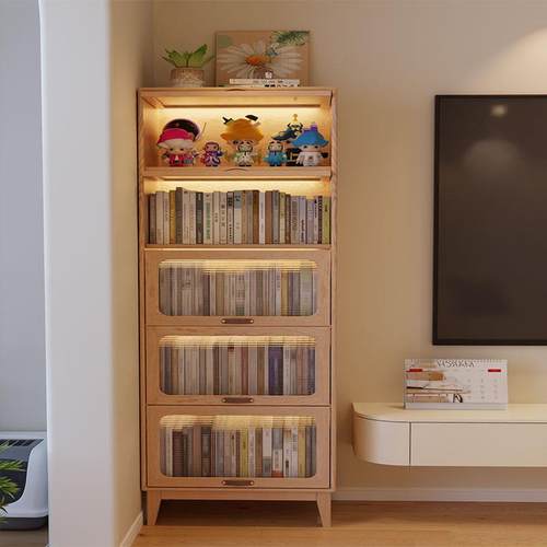 防尘书柜带玻璃门落地家用置物柜儿童储物柜客厅展示书架实木