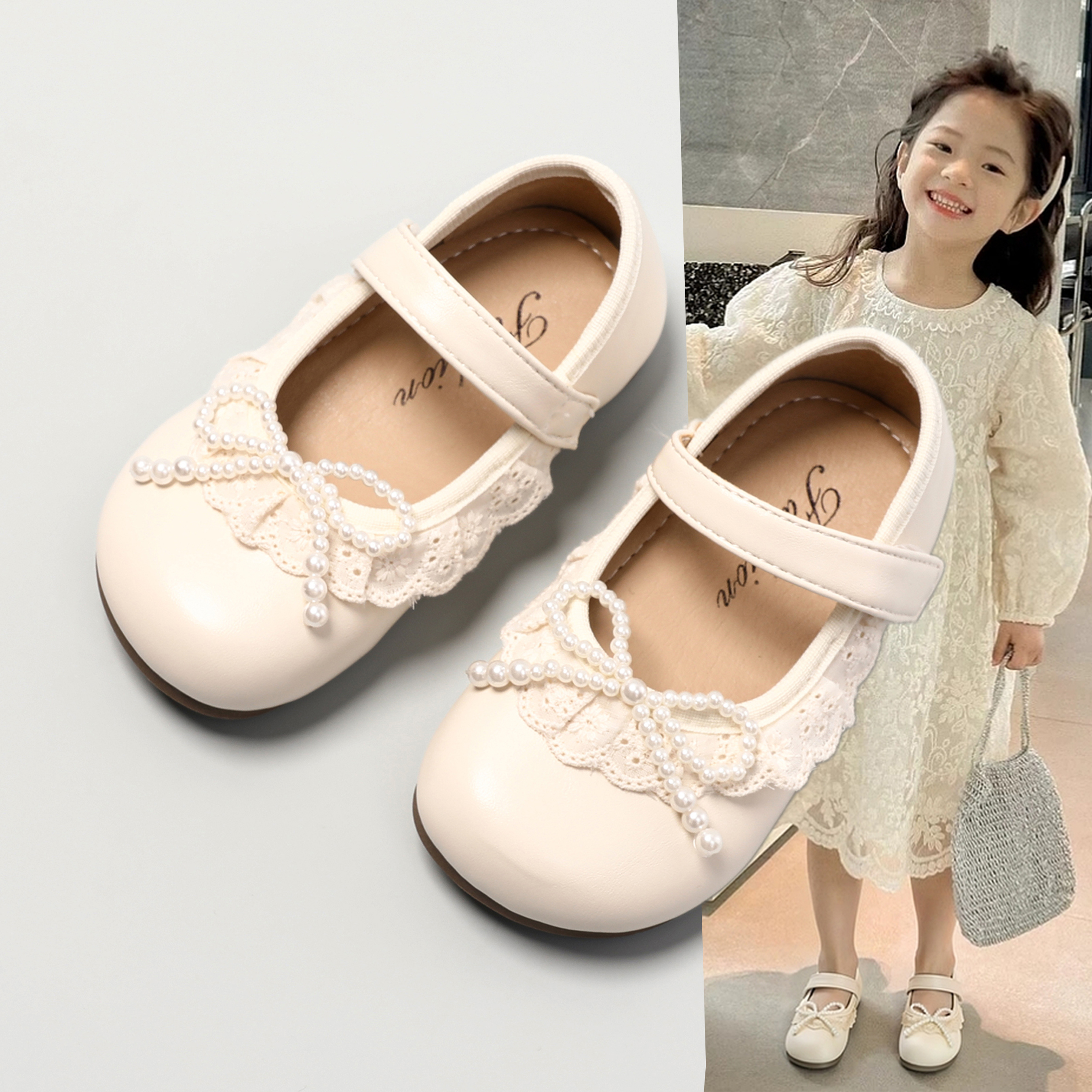 春秋女童皮鞋蕾丝蝴蝶结单鞋洋气