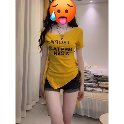 美式辣妹字母印花黄色斜肩短袖