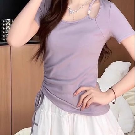 紫色抽绳绑带收腰设计感短袖T恤女2025新款夏季小众修身显瘦上衣
