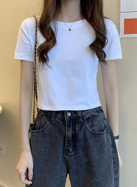 2026年新款夏季修身露脐白色纯棉短袖T恤女短款ins上衣高腰设计感