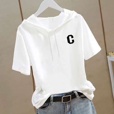 白色纯棉连帽短袖t恤女夏季
