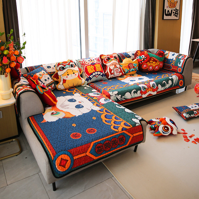 敏顺国潮贵妃沙发垫新年喜庆款四季通用卡通沙发套罩防滑沙发盖布