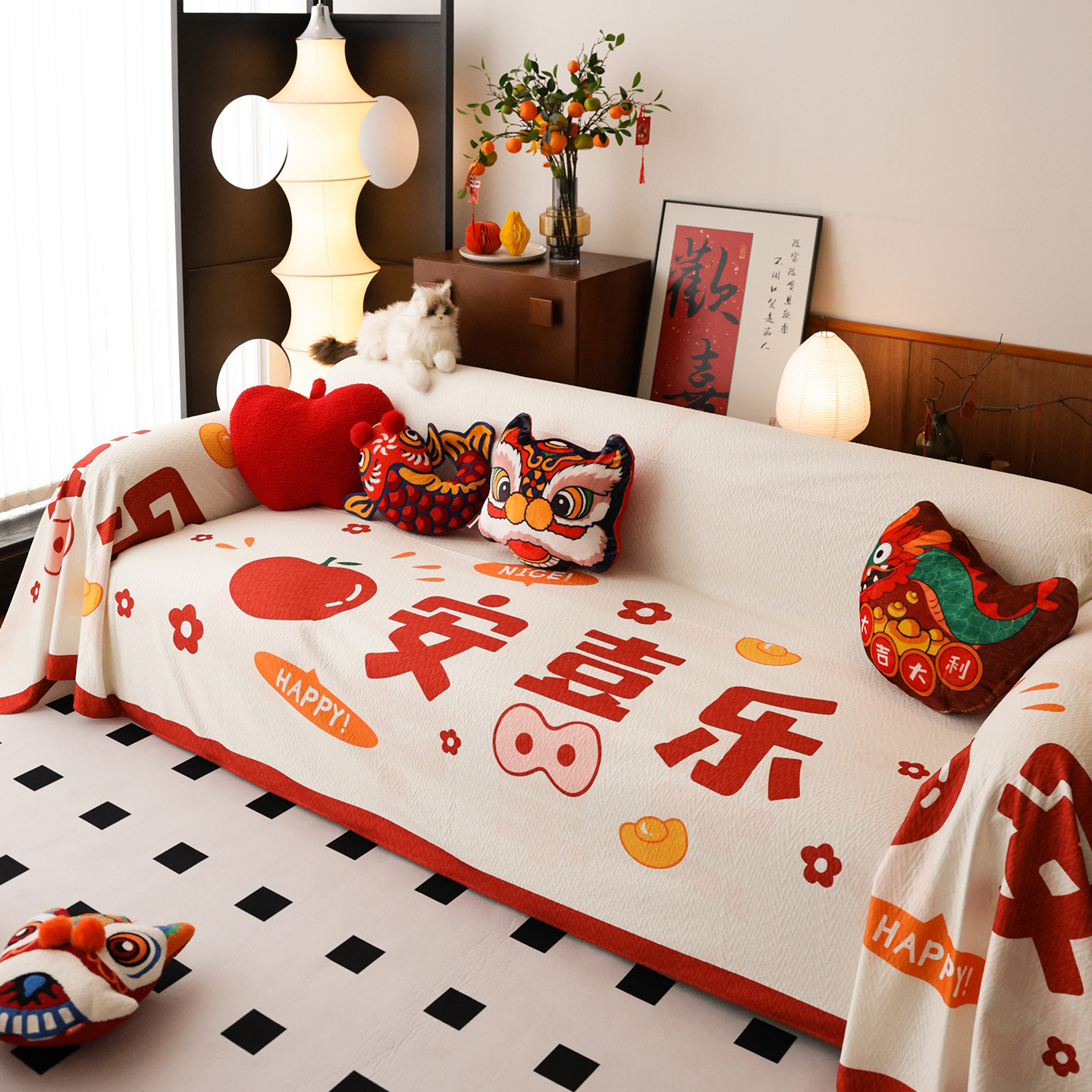 敏顺过年沙发盖布新年红色沙发垫一片式高级感轻奢中式沙发套罩巾