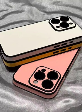 简约白色皮质带镜头膜适用iPhone16Promax苹果15promax手机壳13硬14pm全包11防摔12高级感14网红撞色小众趣味