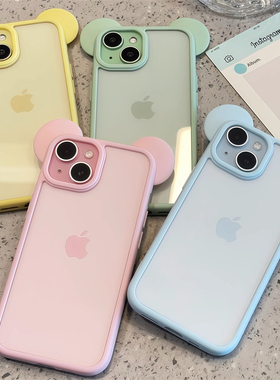 ins风高颜值立体米奇耳朵透明背板适用iPhone16/15pomax情侣手机壳新款苹果14pro闺蜜13简约创意12防摔保护套