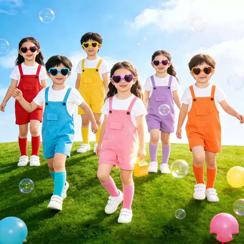 幼儿园班服多巴胺儿童背带裤套装六一演出服小学生啦啦队表演服装图片